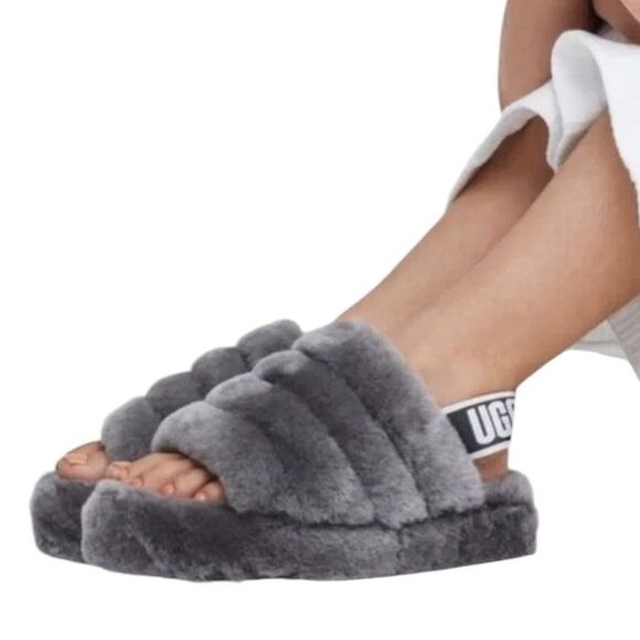 UGG Fluff Yeah Slide Fur Slippers Charcoal Grey Slingback Plush Women’s Size 11 - Picture 2 of 10